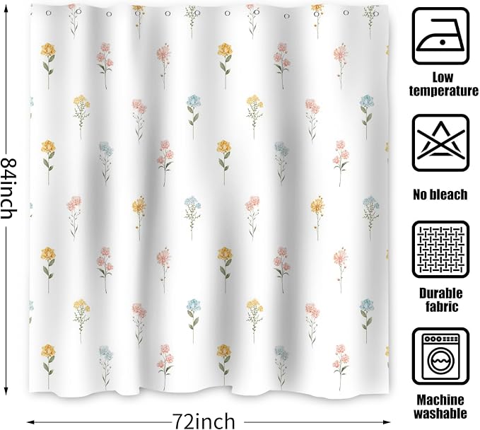 Floral Extra Long Shower Curtain, Wildflower Botanical Plant Leaves Cute Flower Spring Herbs Elegant Waterproof Fabric Machine Washable for Bathroom Bathtub Decor with Hooks 72Wx78H