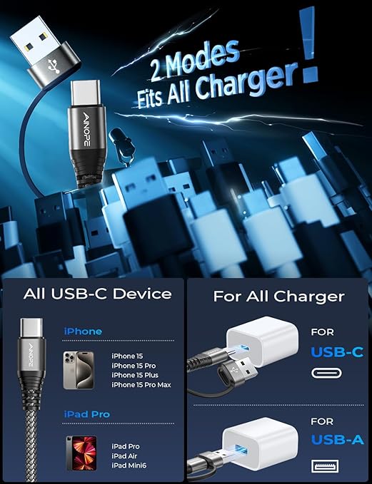 AINOPE USB C to USB C Cable, 2 Pack 6 FT USB C Cable Fast Charging with USB to USB C Adapter, 60W USB to USBC Cable for iPhone 17 Pro Max Air Type C Cable for iPhone 16/15/14/13/12, Black