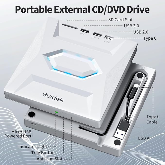 External CD DVD Drive, Ultra Slim Portable CD Player for Laptop CD DVD +/-RW Burner with SD Card Reader USB 3.0 Type C Hub Compatible with Laptop PC Windows Linux