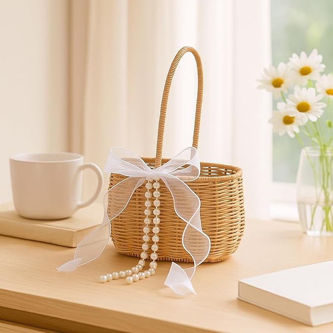 2 Pcs Wicker Rattan Flower Girl Basket with Bows and Pearl 11.8x8.7x5.1 Inches Rustic Wedding Basket for Flower Girl, Hand Woven Willow Storage for Ceremonies Home Decoration (Classic)
