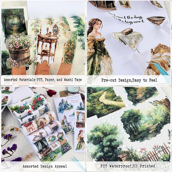 Dwpetzo Forest Woodland Castle Scenery Sticker Book for Journaling, 20 Sheets Precut PET Washi Materials Ephemera Stickers for Junk Journal Supplies, Scrapbooking, DIY Crafts Arts