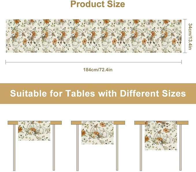 Fall Pumpkin Table Runner Rustic Floral Watercolor Plants White Vegetables Flowers Pastoral Theme Home Decor for Farmhouse Indoor Outdoor Party Holiday Dining Kitchen Restaurant Cafe W13xL36in