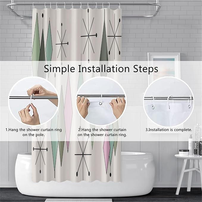 Mid Century Shower Curtain Modern Abstract Green Pink Diamond Geometric Atomic Starburst Pattern for 1950s Retro Bathroom Decor Accessories Shower Curtain Set with 12 Hooks, 65x72 Inches