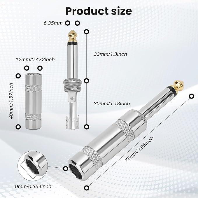 6.35mm 1/4 Inch TS Mono Plug 4 Pack, 1/4" Solder Type DIY Audio Cable Straight Adapter Connector, Metal Housing, Durable and Heavy-Duty for Guitar/Speaker/Microphone Audio Cable Repair Replacement