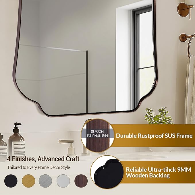 ANDY STAR Bronze Bathroom Mirror 24x32 Inches, Small Ornate Scalloped Wall Mirror with Distinctive Notched Edge Stainless Steel Frame for Hallway, Lounge and Vanity Area