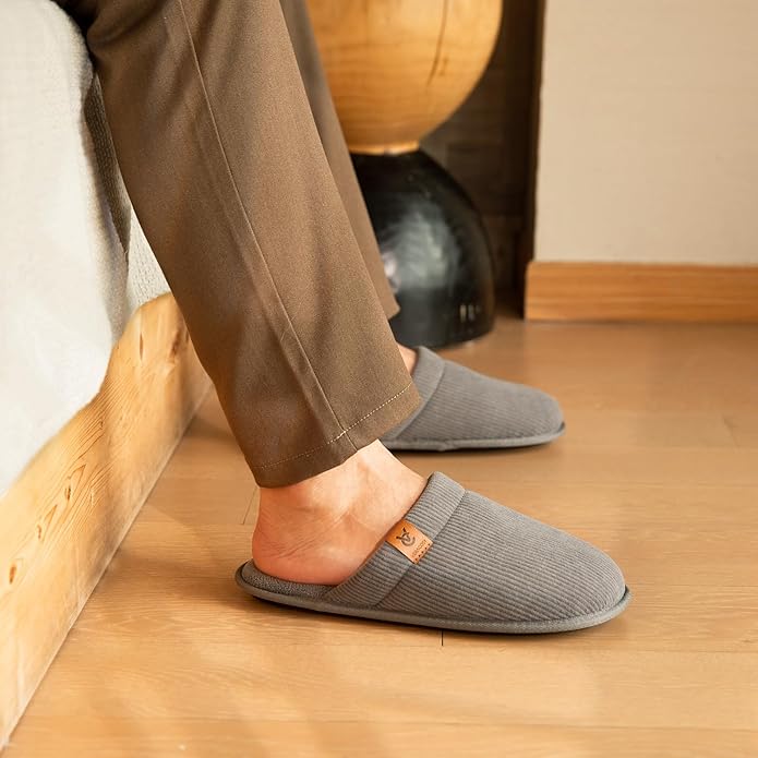 VeraCosy Men's Corduroy Scuff Slippers Soft Comfy Memory Foam Non-slip Indoor House Shoes