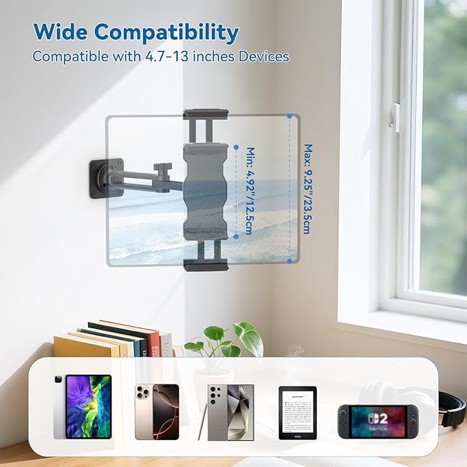 KDD Tablet Wall Mount Holder, Adjustable Extendable Arm iPad Wall Stand with Sturdy Metal Base, 360°Rotating Phone Tablet Bracket Fits iPad Pro Air Mini, Galaxy Tab, All 4.7-13" Phones and Tablets