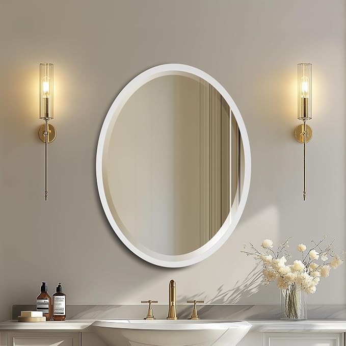 OVALCREST - Oval Wooden Beveled Wall Mirror for Home Decor, Bathroom, Vanity, Bedroom, Living Room, Hallway - London Style (Linen White) 21.1 x 17.1