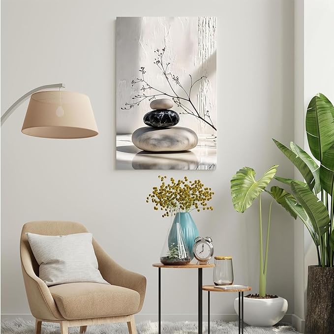 Gray and black stone pile and dried flowers poster canvas wall art in harmony Minimalist wall art for tranquil homes and mindful spaces 12x18in Frameless