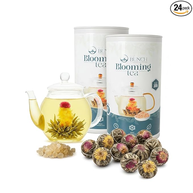 Tea Bunch Blooming Flower Tea Set – 12x2 Hand-Tied Organic Green Tea Balls with 24 Packs of Rock Sugar, Gift-Ready Packaging, Calming Floral Tea for Wellness & Relaxation (Glass Teapot Not Included)