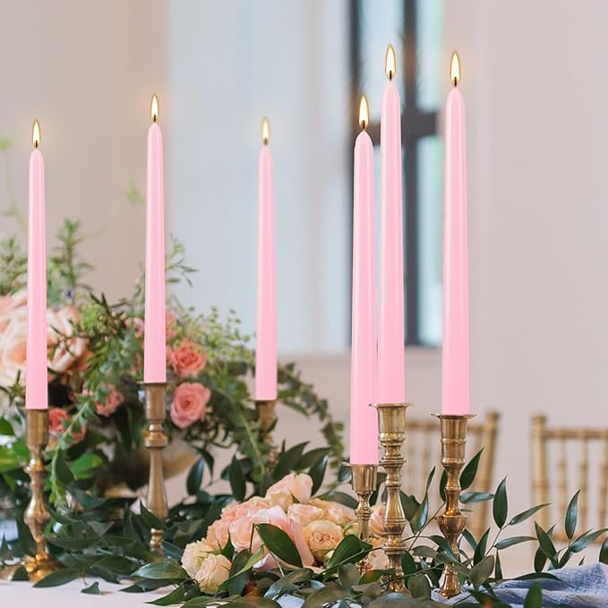 10 Inch Pink Taper Candles Set of 24, Dripless and Unscented Candle Sticks for Dinner, Shabbat, Halloween, Christmas, Wedding, 8 Hours