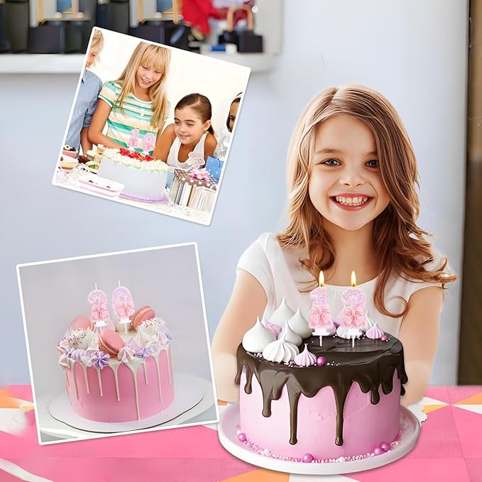 Number 12 Candle Pink Sequins and Bowtie 12th Cake Topper, 12 Birthday Candle for Girls Pastel Sweet Theme Birthday Party or Adults Milestone Age Decoration