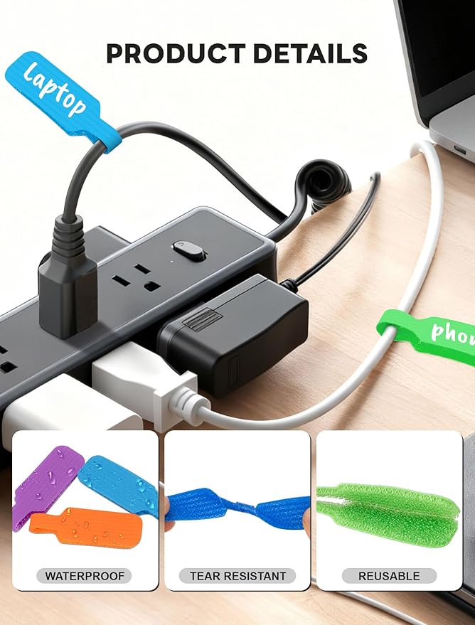40 Pcs Cable Labels with 2 Colors Fine Point Marker, for Organizing Wires and Identification, Multicolored Handwriting Cord Labels, Reusable with Multiple Uses - Large Size