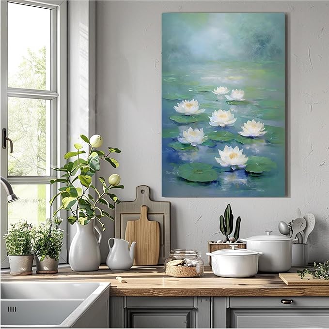 Zen wall art Delicate white lotus flower floating on calm water Vintage oil painting print Serene aquatic wall art creates a tranquil home decor 20x30in Frameless