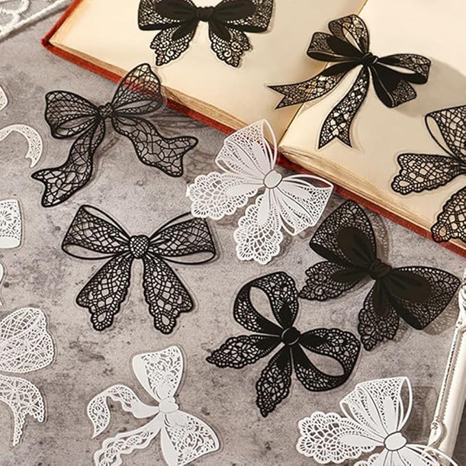 20Pcs Lace Bow Stickers for Scrapbooking Junk Journal Supplies Black White Bows PET Stickers for Journaling Scrapbook Sticker Pack Collage Vintage Decorative Sticker Stationery Decals for Crafts