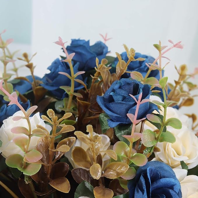 Lifelike Artificial Rose Bouquets and Ceramic vases, Fake Silk Roses, Suitable for Wedding, Dining Table, Office, Party and Home Decoration（Blue）