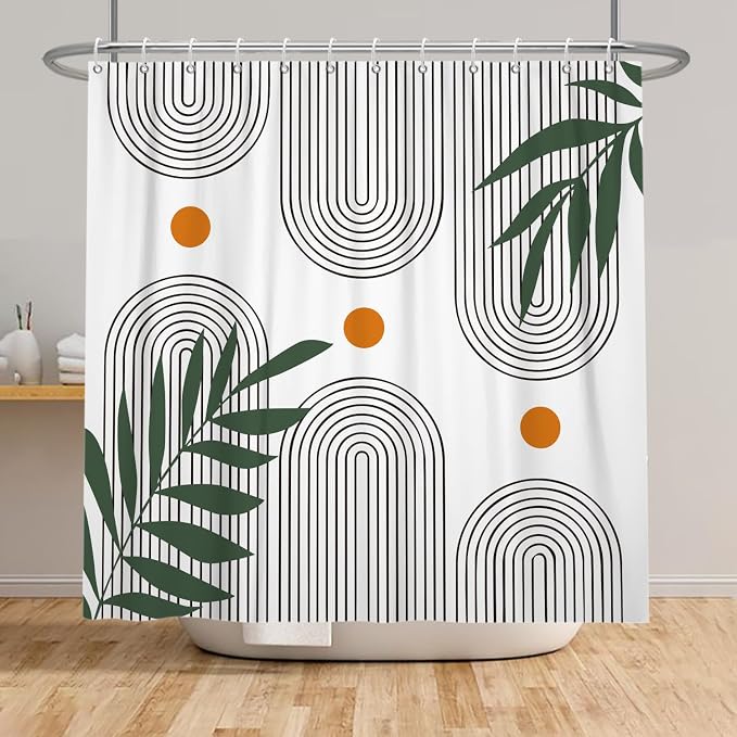 Boho Mid Century Shower Curtain Bohemian Minimalist Geometric Arch Sun Bathroom Curtain Sage Green Plant Polyester Shower Curtain Sets for Bathroom Extra Long 60x72 in with 10 Hooks