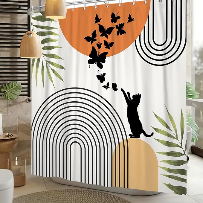 Mid Century Cat Shower Curtain Abstract Boho Geometric Minimalist Black Cat Butterflies Green Leaf Aesthetic Shower Curtain for Bathroom Decoration Accessories with Hooks 72x78 inch