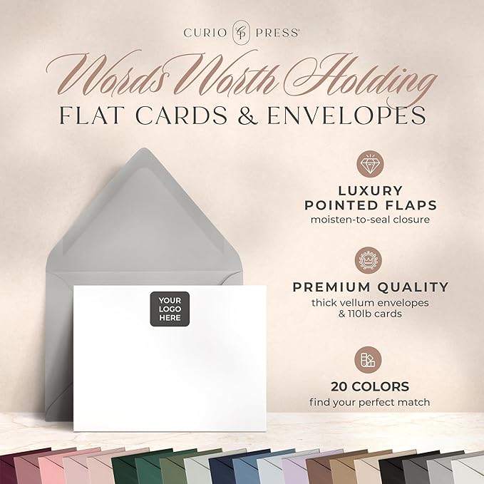 Curio Press Personalized Stationery for Women & Men - A2 Business Flat Thank You Cards with Custom Notecards, Personalized Note Cards with Envelopes and Name, Custom Stationery - Your Logo Flat