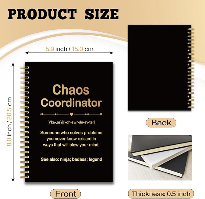 YAZMEEN Chao Coordinator Black Gold Spiral Notebook（160 Pages） Chao Coordinator Definition Hardcover Notebook Employee Appreciation Gift Office Humor Gift Funny Birthday Gift for Teacher Boss Leader