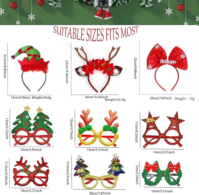 20 Pcs Christmas Headbands and Glasses Set, 12 Xmas Glasses & 8 Christmas Headbands for Photo Booth Props, Festive Party Supplies with Reindeer Xmas Tree Elf Santa Hats for Adults, Family Decor