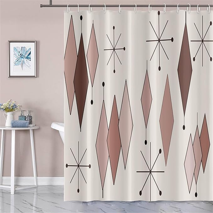 Mid Century Shower Curtain Abstract Light Brown Diamond Geometric Atomic Starburst Pattern Beige Backdrop for 1950s Retro Bathroom Decor Shower Curtain Set with 12 Hooks, 69x70 Inches