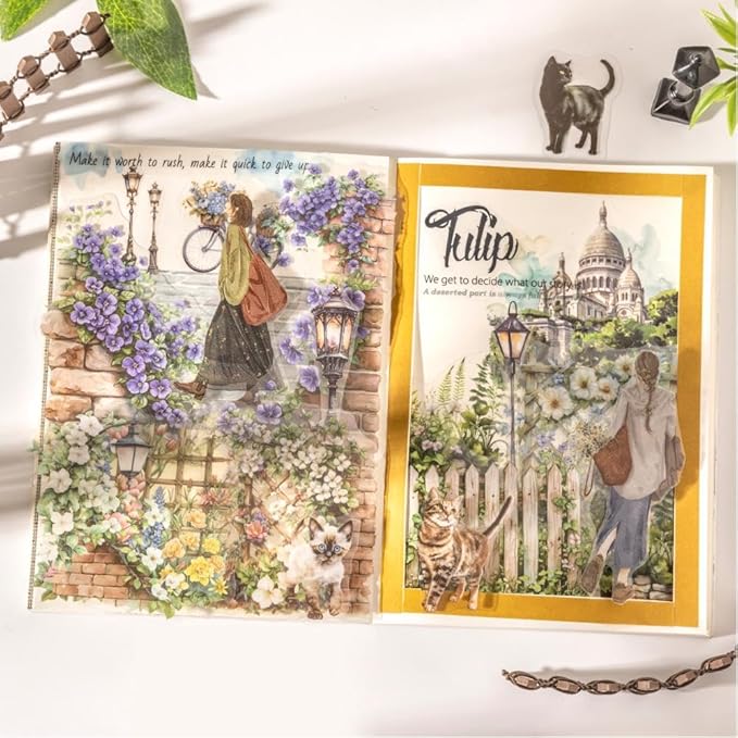 Dwpetzo 90Pcs Unique Transparent PET Stickers for Journaling, Garden Fence with Cat Landscape Stickers for Scrapbooking, Junk Journal Supplies, Collage, Planner