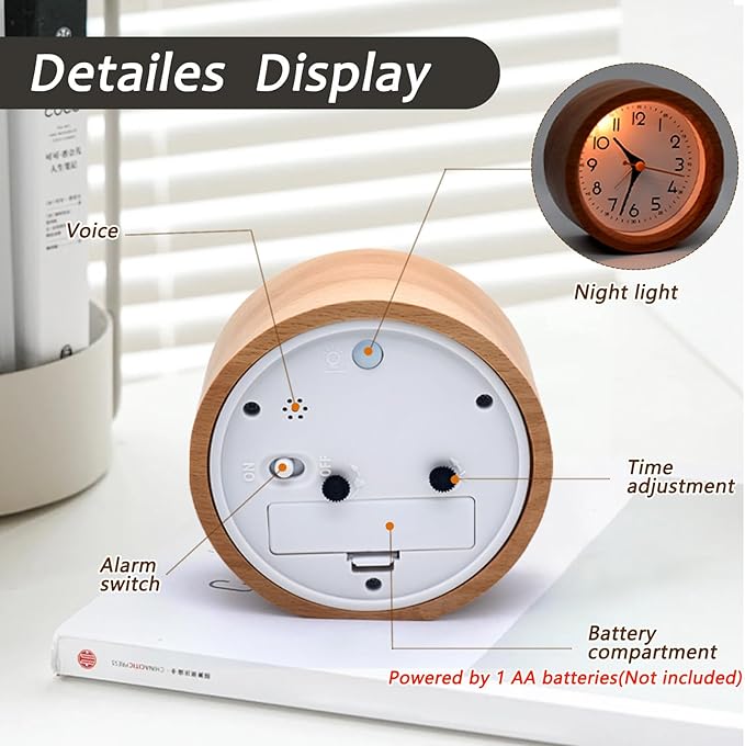 Oxmidud 4'' Natural Wooden Analog Alarm Clock with Soft Night Light - Battery Operated Non-Ticking Silent Tabletop Minimalist Desk & Bedside Clock for Bedrooms Living Room Home Office Decor