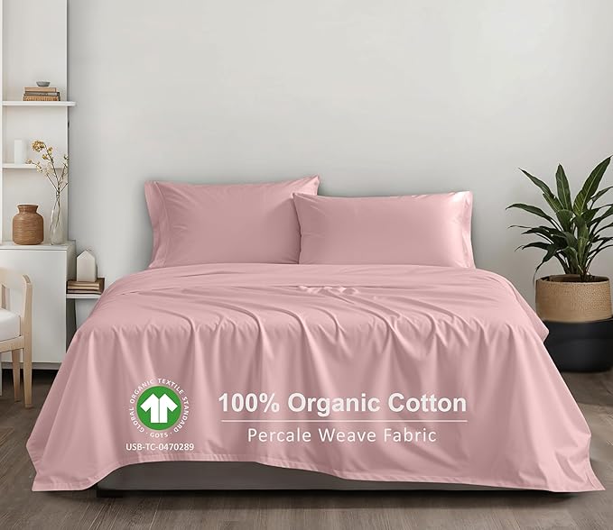 RUVANTI 100% Organic Cotton Sheets California King, Percale Weave, GOTS Certified, 4-Piece Set, Deep Pocket 13", Crisp & Breathable, Soft Durable Bedding, Sábanas Algodón Orgánico – Peach Skin