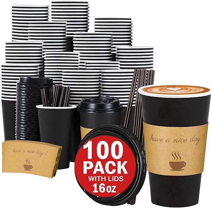 Lamosi 16 oz Coffee Cups with Lids 100 Pack, 16 oz Disposable Coffee Cup with Stir Sticks and Sleeves, To Go Hot Paper Cup for Home, Travel, Office
