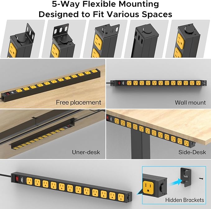 Mountable Long Power Strip, 2100 Joules Heavy Duty Surge Protector Power Strip, Slim Metal Power Bar with 6ft 14AWG Cord, 12-Outlet, ETL Listed,for Wall Mount, Under Desk, Garage, Workshop, and Office