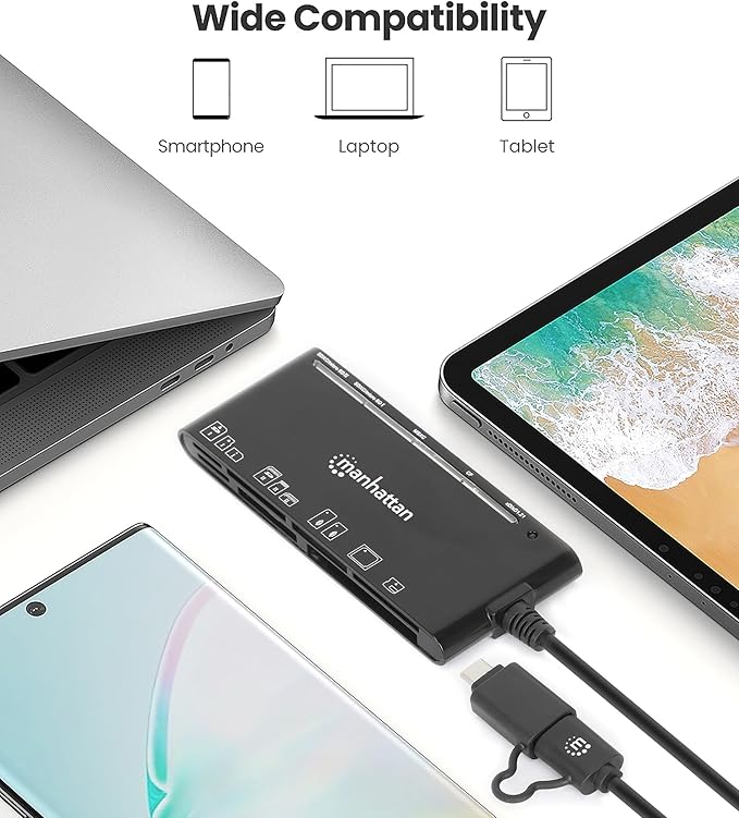 Manhattan 7 in 1 USB C & USB A Combo Multi Card Reader – Long 3 ft Cable – 5Gbps USB 3.0 - SD, TF, CF, Micro SD, XD, MS - Multiple Adapter Hub – 3 Yr Mfg Warranty – 102605