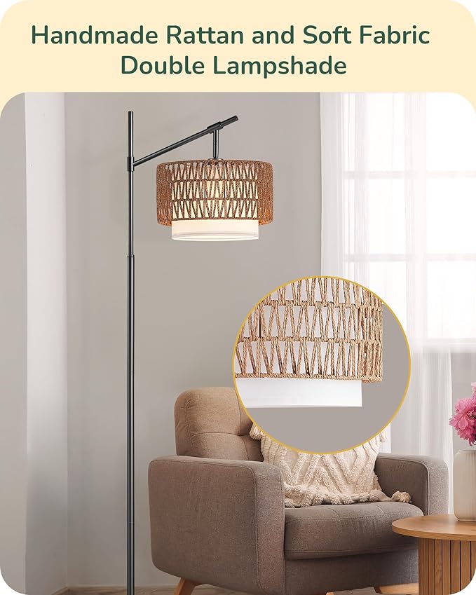 EDISHINE Rattan Floor Lamp with Dimmable Bulb, 5 Color Temperatures, Adjustable Farmhouse Standing Lamp with Remote, Black Floor Lamps for Living Room, Office, Bedroom