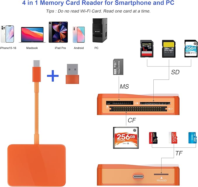 SD Card Reader, 4 in 1 USB C to SD/TF/CF/MS Card Reader with USB to USB C Adapter Memroy Card Reader for iPhone 17/16/15 Pro Max iPad Pro MacBook Pro/Air iMac M4/M3 Android Phone/Tablet PC (Orange)