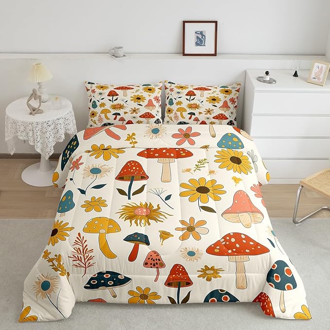 Castle Fairy Retro Mushroom Flowers Bedding Set King Size,70s 60s Groovy Comforter Set Room Decor for Couple,Vintage Boho Plant Floral Microfiber Down Comforter,2 Pillowcases