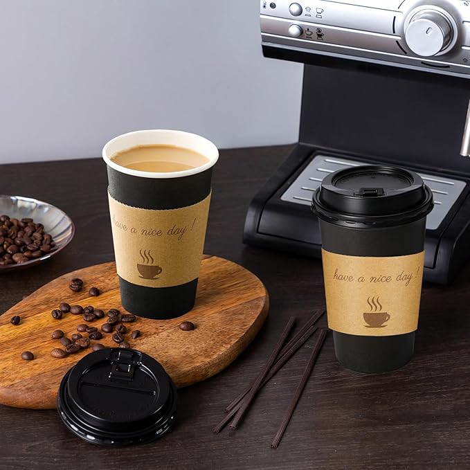 Lamosi 12 oz Coffee Cups with Lids 100 Pack, 12 oz Disposable Coffee Cup with Stir Sticks and Sleeves, To Go Hot Paper Cup for Home, Travel, Office