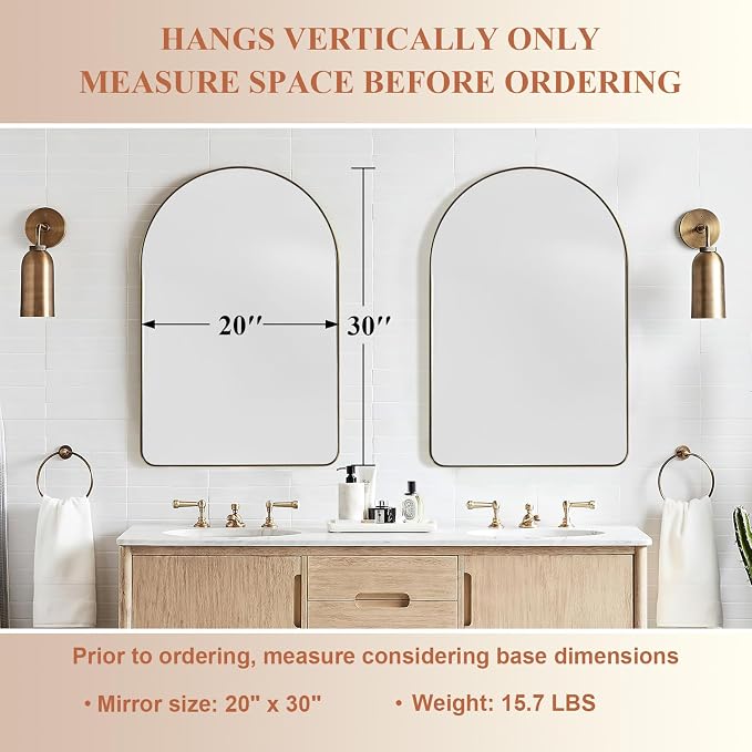 ANDY STAR Arched Mirror, 20 x 30 Inch Gold Bathroom Mirror in Stainless Steel Metal Frame, Arch Top Rounded Corner 1 Inch Deep Set Design Wall Mount Hangs Vertical