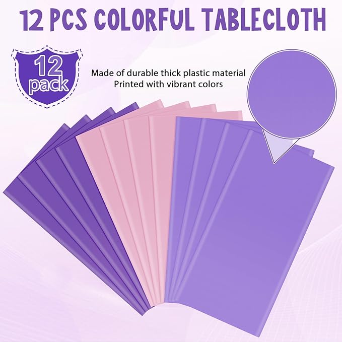 MASHAN 12pcs Assorted Color Purple Pink Tablecloths Disposable Plastic Table Cloth Rectangle Table Covers for Lavender Butterfly Theme Party Birthday Wedding Picnic Home Party Decoration,108 * 54inch
