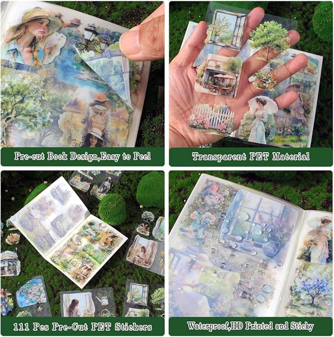 Dwpetzo Spring Landscape Pre-Cut Journal Sticker Book for Junk Journaling, Transparent PET Stickers for Scrapbook Supplies, Scrapbooking, Collage, Planners, Bujo, 20 Sheets