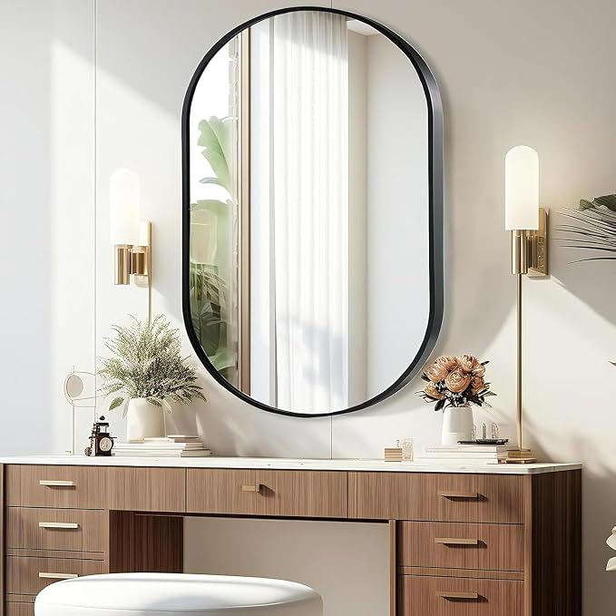 Black Oval Mirror, 22"x30" Oval Bathroom Mirror, Vanity Mirror with Brushed Metal Frame, Wall Mount Mirrors Decor for Bathroom, Bedroom, Entryway, Living Room(Hangs Horizontally or Vertically)