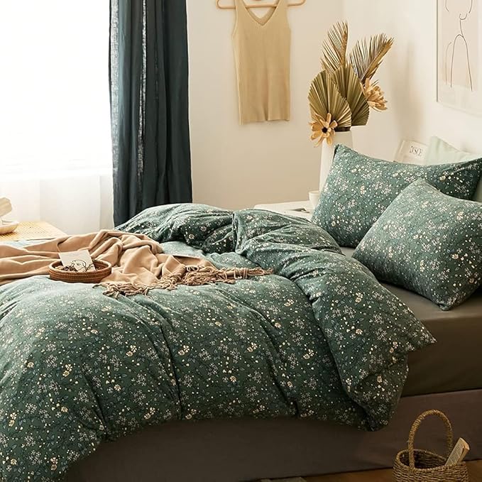 Vintage Green Floral Duvet Cover Full Size Jersey Knit Cotton Chic Floral Bedding Set Garden Style Botanical Flower Comforer Cover Floral Cottagecore Bedding Set 1 Duvet Cover with 2 Pillowcases