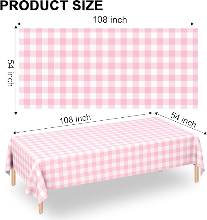 6 Pack Pink Gingham Tablecloth Rectangular Pink and White Checkered Tablecloths Disposable Plastic Pink Plaid Table Cover for Parties, Outdoor Picnic, Birthday, Wedding, Camping 54 × 108 Inch