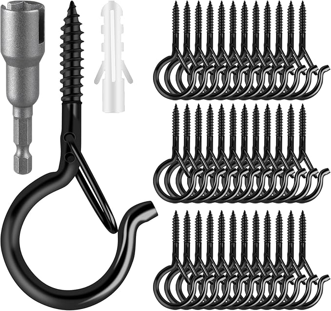 50 Pack Screw-in Hooks for Outdoor String Lights, Q Hangers Light Outside, Swivel Hanging Basket Patio with Safe Buckle Screw in Planter Eye Hook Wall Ceiling, Black