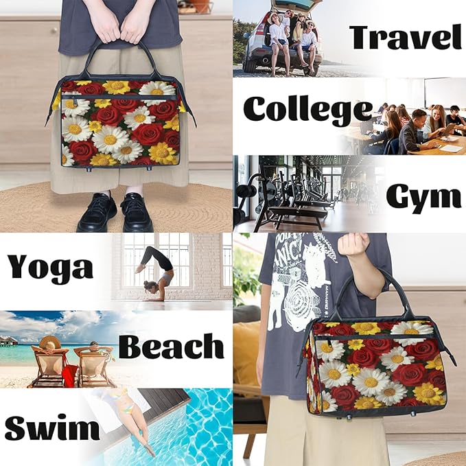 Multipurpose Duffle Bag, Waterproof Carry On Bag with Spacious Design, Red Roses Flower Gym Bags, 15.2x8.3x11.6in