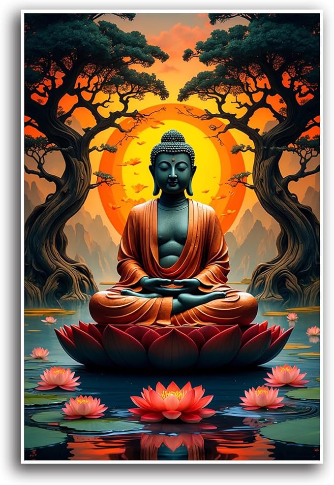 Canvas wall art Golden Buddha on lotus at sunset Ancient trees with reflections on water Serene meditation scene Uplifting wall art for mindfulness and tranquil home decor 20x30in Frameless