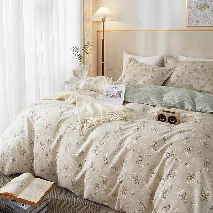 LifeTB Boho Floral Duvet Cover Full Cotton Aesthetic Floral Bedding Sets Full Vintage Garden Floral Comforter Cover Beige Sage Green Floral Botanical Duvet Cover with Zipper Closure 4 Ties