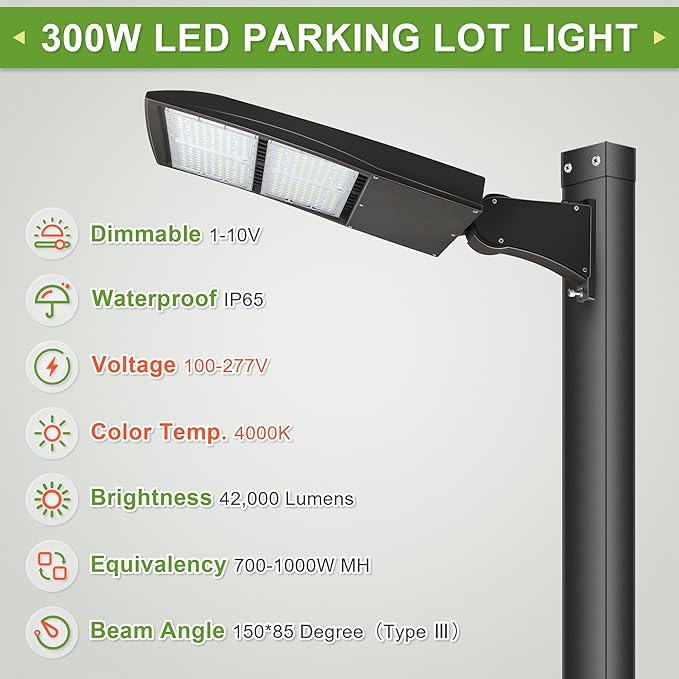 300W LED Shoebox Area Lights 4000K Neutral White, LED Parking Lot Lights, 20KV Surge Protector, 1-10V Dim (700-1000W Equiv.) 40500lm, LED Pole Head Fixture Direct Arms Mount, DLC Premium UL 4000K