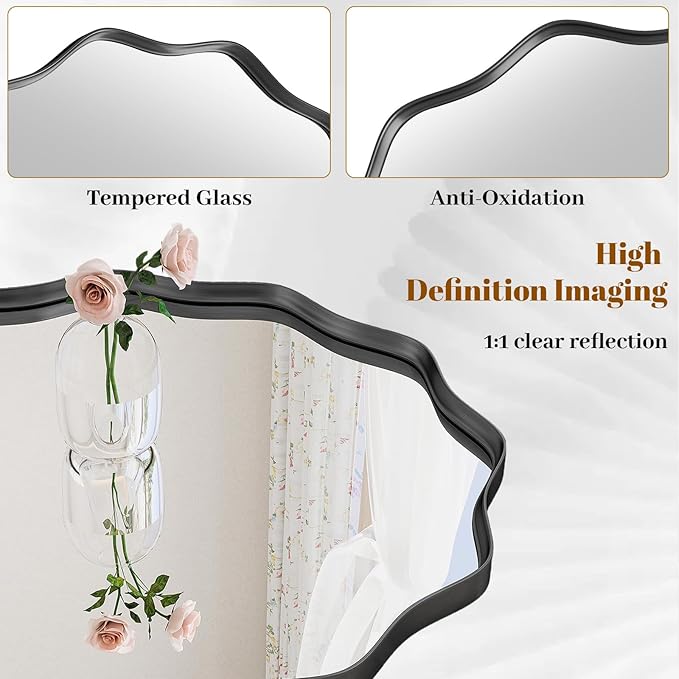 Round Wavy Mirror, 20 Inch Metal Frame Circle Mirror, Round Wall Mounted for Entryway, Bathroom, Vanity, Living Room, Black