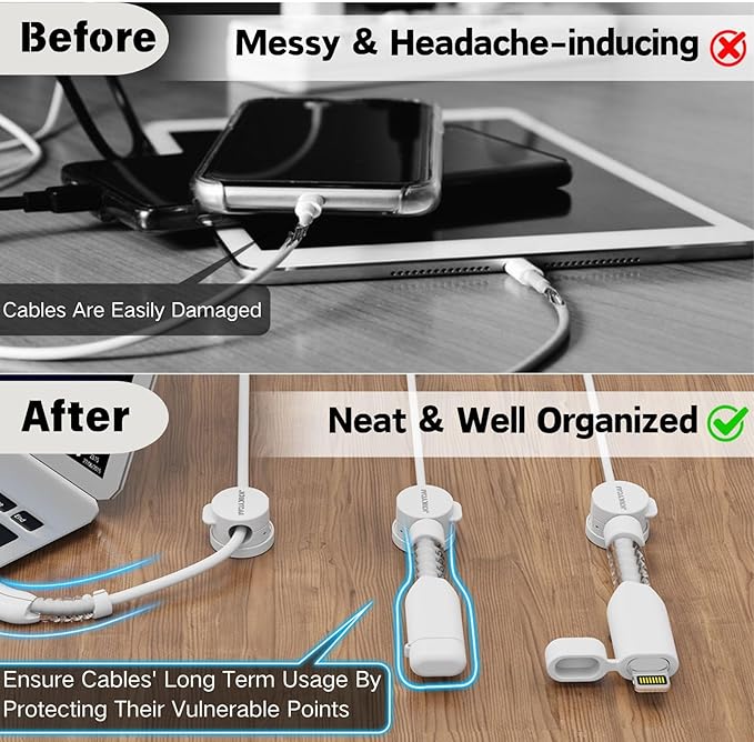 6 Desktop Cord Organizer Magnetic Spring Cable Clips Rotatable Cord Holder 2 Charging Cord Protecors for Nightstand Phone Charger Organizer Computer Desk Cable Management Appliance Adhesive Wire Strap