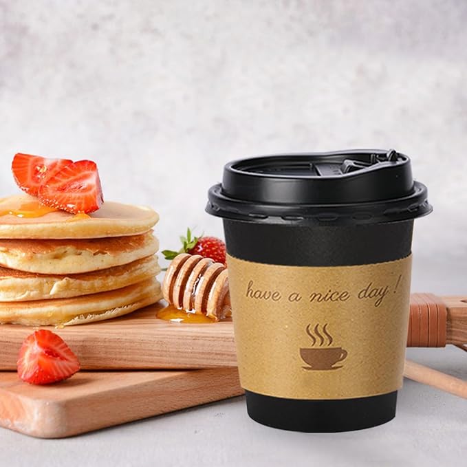 Lamosi 10 oz Coffee Cups with Lids 100 Pack, Disposable Coffee Cup with Stir Sticks and Sleeves, To Go Hot Paper Cup for Home, Travel, Office